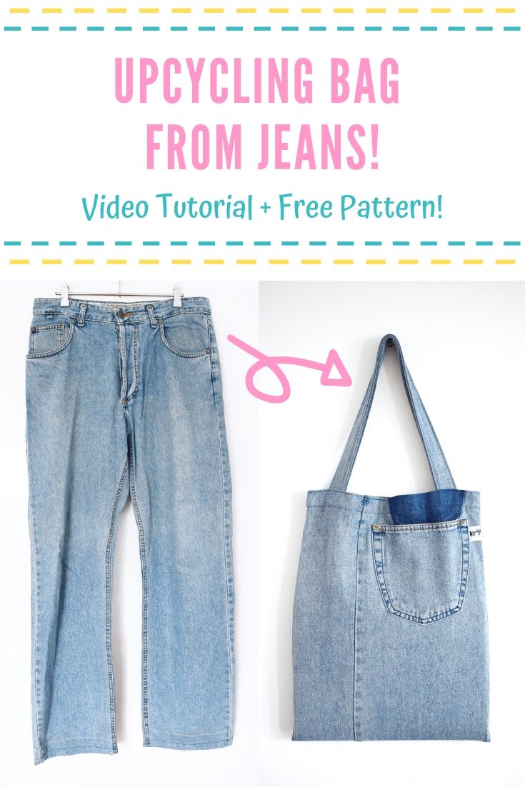 Free Tote Bag Pattern with video tutorial sewing upcycling idea bag from jeans shopping bag 2
